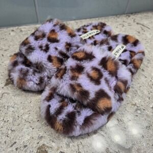 Fabletics Women‎ Leopard Print Furry Slippers Lavender Brown Size US 8